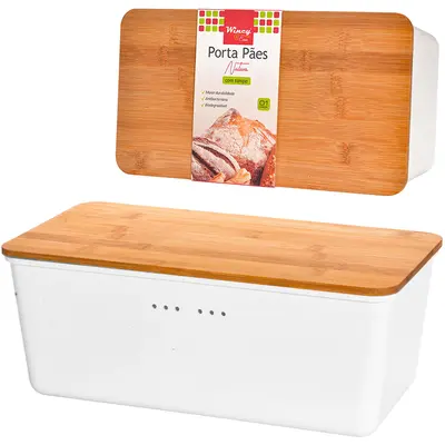 PORTA PAO DE PLASTICO RETANGULAR COM TAMPA DE BAMBU NATIVA 34X18X13,5CM