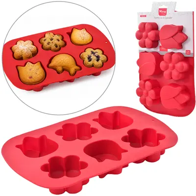 FORMA DE SILICONE RETANGULAR PARA CUPCAKE COM 6 CAVIDADES CHERRY VERMELHO 25,5X17X3CM