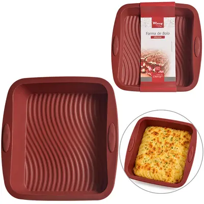FORMA DE SILICONE QUADRADA PARA BOLO / TORTA CHERRY VERMELHO BORDO 27X24X5CM