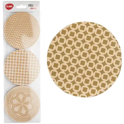 PORTA COPO DE MADEIRA MDF REDONDO ESTAMPAS SORTIDAS COM 6 PECAS 10CM DE Ø