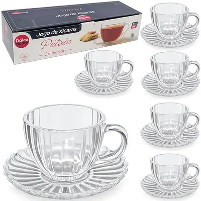 JOGO DE XICARA DE VIDRO COM PIRES PARA CAFE PETALE COLLECTION TRANSPARENTE 12 PECAS 100ML