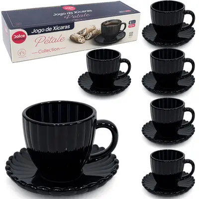 JOGO DE XICARA DE VIDRO COM PIRES PARA CAFE PETALE COLLECTION PRETA 12 PECAS 100ML
