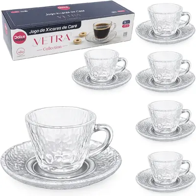 JOGO DE XICARA DE VIDRO CRAQUELADO COM PIRES PARA CAFE VETRA COLLECTION TRANSPARENTE 6 KITS (12 PECAS) 90ML