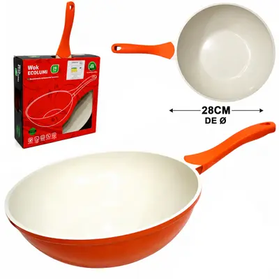 FRIGIDEIRA REVESTIDA CERAMICA ANTIADERENTE PFOA E PTFE EXCILON LARANJA CABO SOFT TOUCH WOK ECOLUMI 28CM DE Ø