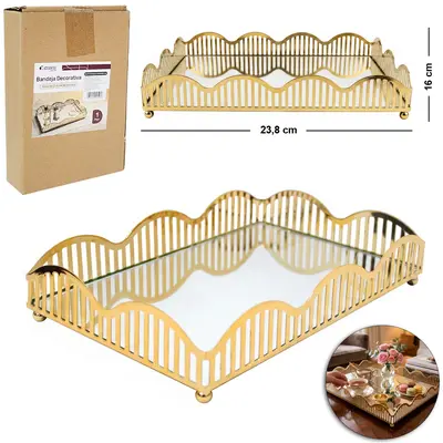 BANDEJA DE METAL COM ESPELHO RETANGULAR DECORATIVA METALIZADO DOURADO DECOR P 23,8X16X4,8CM