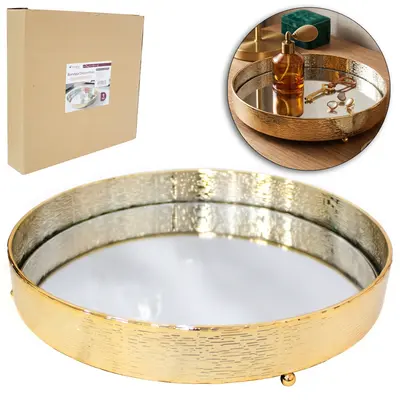 BANDEJA DE METAL COM ESPELHO REDONDO DECORATIVA METALIZADO DOURADO DECOR P 5X30CM DE Ø