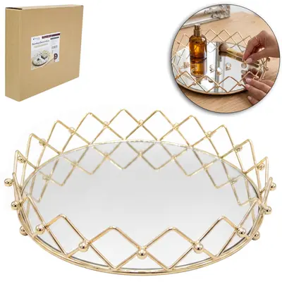 BANDEJA ARAMADO COM ESPELHO REDONDO DECORATIVA METALIZADO DOURADO DECOR M 5,3X24,5CM DE Ø