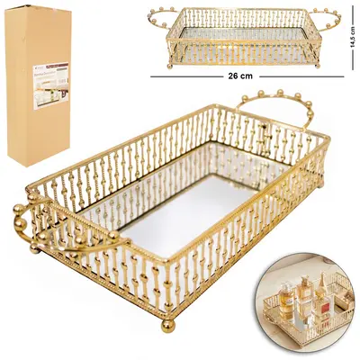 BANDEJA DE METAL COM ESPELHO RETANGULAR + ALCA DECORATIVA METALIZADO DOURADO DECOR P 26X14,5X5,8CM