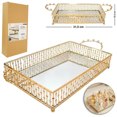 BANDEJA DE METAL COM ESPELHO RETANGULAR + ALCA DECORATIVA METALIZADO DOURADO DECOR M 31,5X19,5X5,8CM