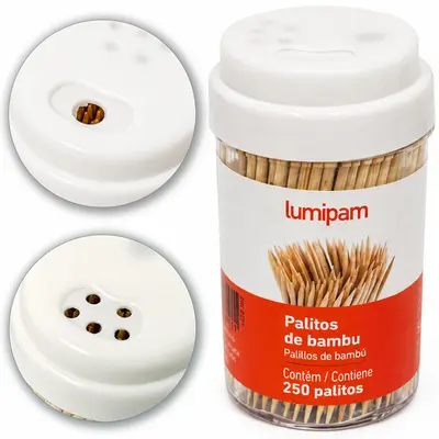 PALITEIRO DE PLASTICO COM 250 PALITOS DE BAMBU 7,5X4,5CM DE Ø