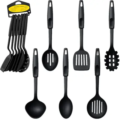 KIT UTENSILIOS COM 2 COLHER / CONCHA / PEGADOR / ESCUMADEIRA / ESPATULA VAZADA DE NYLON NEX COOK PRETO