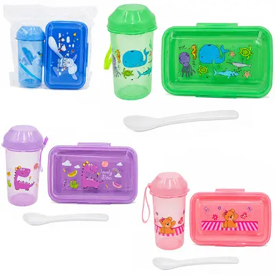 KIT ALIMENTACAO / PAPINHA VIAGEM MARMITA DE PLASTICO RETANGULAR COM TAMPA + COLHER E COPO 300ML