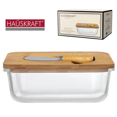 MANTEIGUEIRA DE VIDRO CRISTAL COM ESPATULA + TAMPA DE BAMBU LINHA SERVIR MONACO HAUSKRAFT PREMIUM