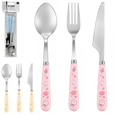 CONJUNTO DE TALHER COM GARFO + FACA E COLHER DE INOX CABO PLASTICO 3 PECAS NO ESTOJO