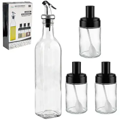 JOGO PORTA CONDIMENTO 3 PECAS 250ML + COLHER + TAMPA E AZEITEIRO / VINAGREIRO DE VIDRO 500ML