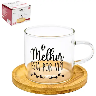 CANECA XICARA DE VIDRO BOROSSILICATO FRASES 100ML COM PIRES DE BAMBU