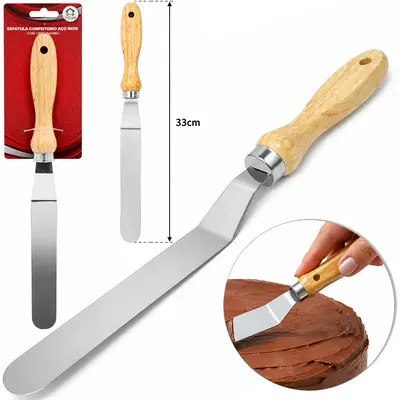 ESPATULA DE COZINHA / CONFEITEIRO COM DEGRAU DE INOX CABO MADEIRA 33X3CM