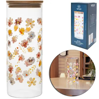 POTE DE VIDRO BOROSSILICATO BELA FLORA REDONDO COM TAMPA HERMETICA MADEIRA / BAMBU WOLFF 1,4L
