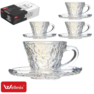 JOGO DE XICARA DE VIDRO CRAQUELADO COM PIRES PARA CAFE ABAZZIA COLLECTION FURTACOR CINTILANTE 8 PECAS 90ML