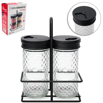 PORTA CONDIMENTO DE VIDRO COM 2 PECAS 85ML + ADESIVO / ETIQUETA LOUSA E SUPORTE ARAMADO BLACK
