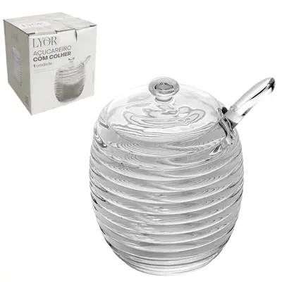 ACUCAREIRO / PORTA CONDIMENTO DE VIDRO COLMEIA COM TAMPA + COLHER DE ACRILICO 210ML NA CAIXA