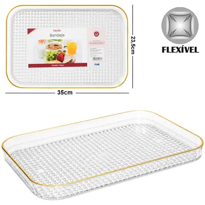 BANDEJA DE PLASTICO PET FLEXIVEL RETANGULAR COM BORDA DOURADA FACILE 35X23,5X2,5CM