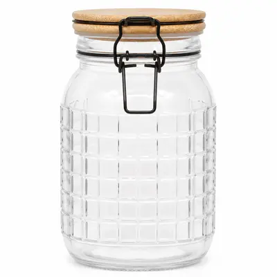 POTE DE VIDRO QUADRADO COM TAMPA HERMETICA DE MADEIRA / BAMBU E FECHO 1,6L