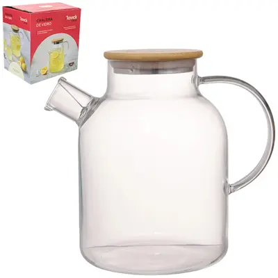 CHALEIRA DE VIDRO LISO COM COADOR NO BICO + TAMPA DE MADEIRA / BAMBU E INOX 1,8L