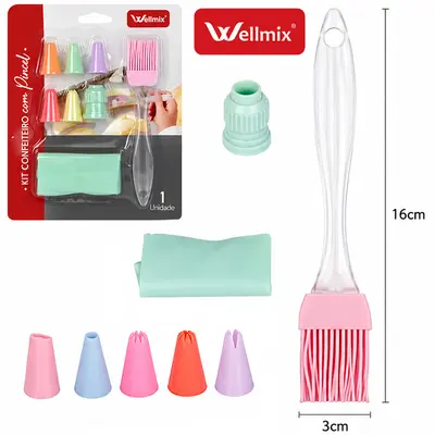 KIT CONFEITEIRO COM DECORADOR BOLO SACO PLASTICO + ADAPTADOR + 5 BICOS E PINCEL CULINARIO SILICONE