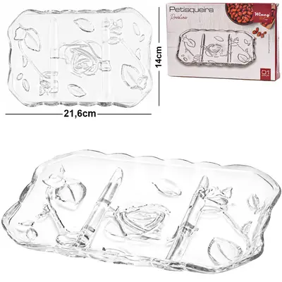 BANDEJA PETISQUEIRA DE VIDRO RETANGULAR COM 3 DIVISORIAS ROSALINA 21,6X14CM