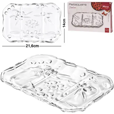 BANDEJA PETISQUEIRA DE VIDRO RETANGULAR COM 3 DIVISORIAS CERISE 21,6X14CM
