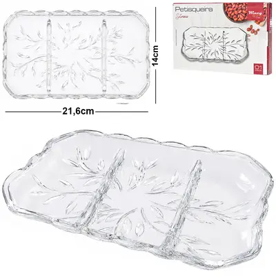 BANDEJA PETISQUEIRA DE VIDRO RETANGULAR COM 3 DIVISORIAS SILVANA 21,6X14CM
