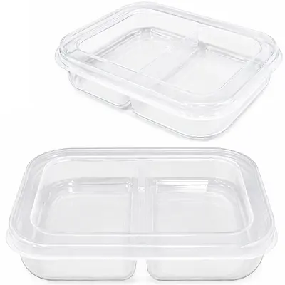 POTE DE PLASTICO RETANGULAR TRANSPARENTE COM 2 DIVISORIAS + TAMPA 17X13X3,5CM