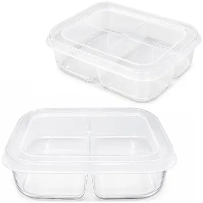 POTE DE PLASTICO RETANGULAR TRANSPARENTE COM 4 DIVISORIAS + TAMPA 17X12,5X4,5CM