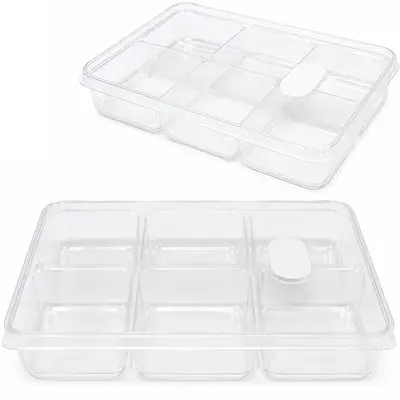 POTE DE PLASTICO RETANGULAR TRANSPARENTE COM 6 DIVISORIAS + TAMPA E VALVULA 20,5X14X4CM