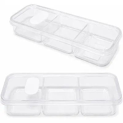 POTE DE PLASTICO RETANGULAR TRANSPARENTE COM 3 DIVISORIAS + TAMPA E VALVULA 20,5X7X3,5CM