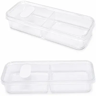POTE DE PLASTICO RETANGULAR TRANSPARENTE COM 2 DIVISORIAS + TAMPA E VALVULA 20,5X7X3,5CM