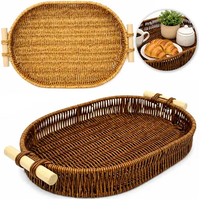 BANDEJA DE PLASTICO TIPO VIME OVAL COM ALCA DE MADEIRA 37X25X5CM
