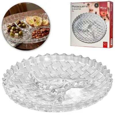 PETISQUEIRA DE VIDRO REDONDA COM 3 DIVISORIAS PIE 22,4CM DE Ø