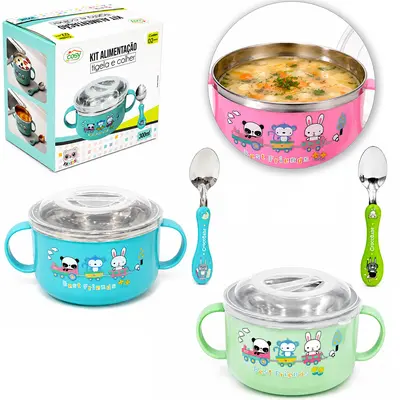 KIT ALIMENTACAO / PAPINHA TIGELA DE INOX COM TAMPA COLHER E ALCA DE PLASTICO 300ML