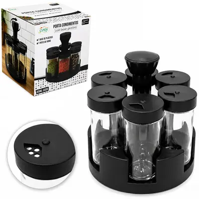 PORTA CONDIMENTO DE VIDRO / PLASTICO COM 7 PECAS 85ML + SUPORTE GIRATORIO REDONDO BLACK