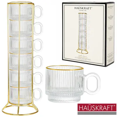 JOGO CANECA XICARA VIDRO EMPILHAVEL PARA CAFE COM BORDA DOURADA 6 PECAS + SUPORTE ARAMADO GRAFFIATO HAUSKRAFT PREMIUM