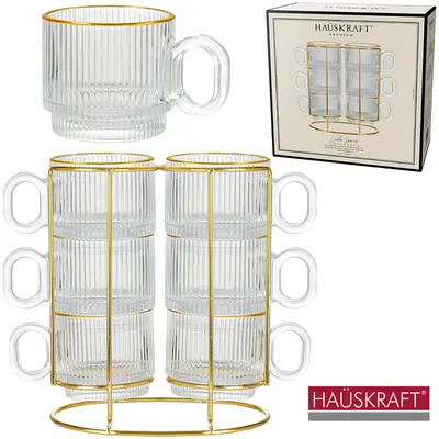 JOGO CANECA XICARA VIDRO EMPILHAVEL PARA CHA COM BORDA DOURADA 6 PECAS + SUPORTE ARAMADO GRAFFIATO HAUSKRAFT PREMIUM