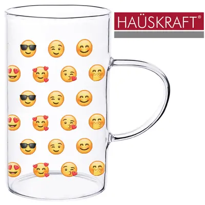 CANECA XICARA DE VIDRO BOROSSILICATO PARA CAFE / CAPPUCCINO EMOTICONS EMOJI HAUSKRAFT 280ML