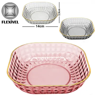 FRUTEIRA DE MESA DE PLASTICO PET FLEXIVEL QUADRADA BORDA DOURADA 14X3,5CM