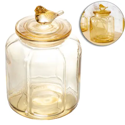 POTE DE VIDRO REDONDO COM TAMPA HERMETICA PASSARO DE VIDRO AMBAR BIRD WOLFF 1,5L