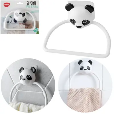 SUPORTE PORTA TOALHA DE ROSTO DE PAREDE DE PLASTICO PANDA COM AUTOADESIVO 14,5X14,5CM