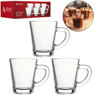 JOGO DE CANECA XICARA DE VIDRO PARA CAFE / CAPPUCCINO TOLEDO COM 6 PECAS 70ML