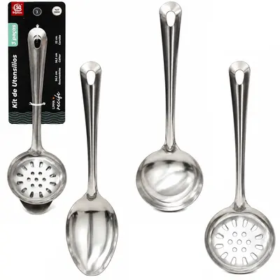 KIT UTENSILIOS COM COLHER ARROZ + CONCHA E ESCUMADEIRA RECIFE DE INOX
