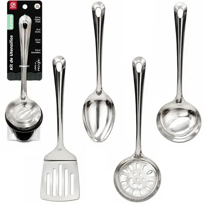 KIT UTENSILIOS COM COLHER ARROZ + CONCHA + ESCUMADEIRA E ESPATULA VAZADA RECIFE DE INOX